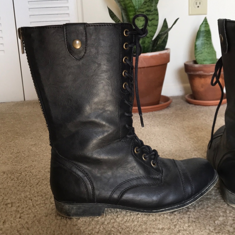 Faux-leather black moto boots